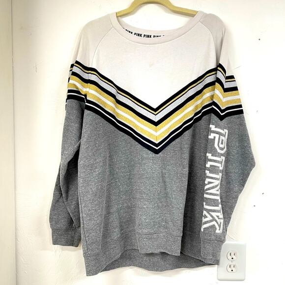 Pink Victoria Secret Grey White Colorblock Women Pullover Sweatshirt Oversized L - Picture 1 of 9